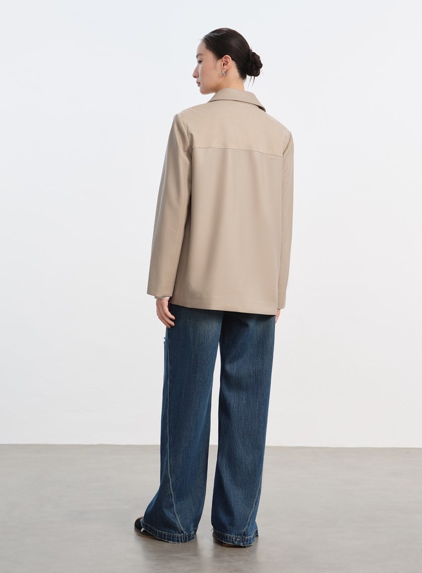 率性條紋皮革拼接寬版夾克