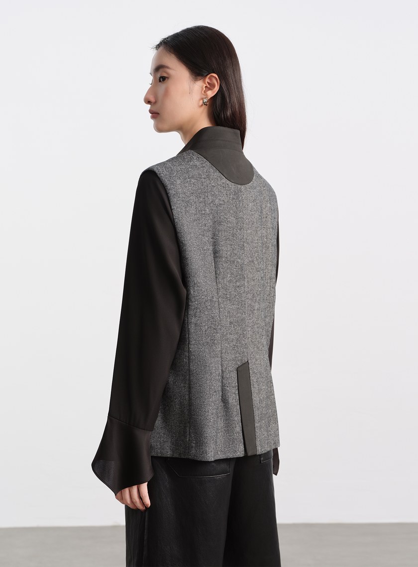 麂皮拼接人字紋立領馬甲