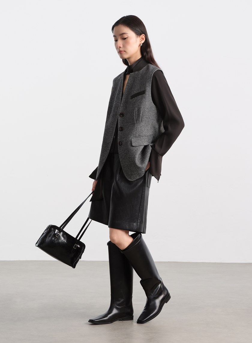 麂皮拼接人字紋立領馬甲