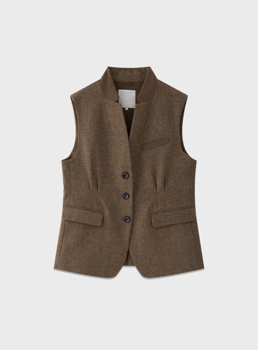 麂皮拼接人字紋立領馬甲