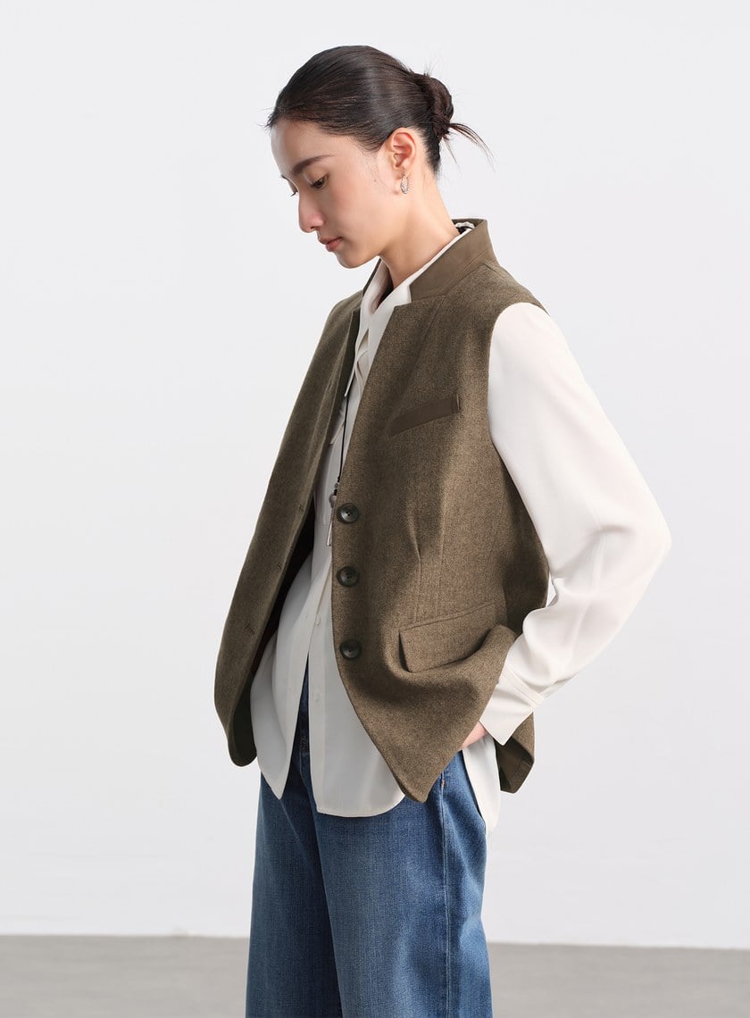 麂皮拼接人字紋立領馬甲