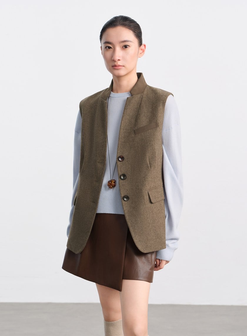 麂皮拼接人字紋立領馬甲