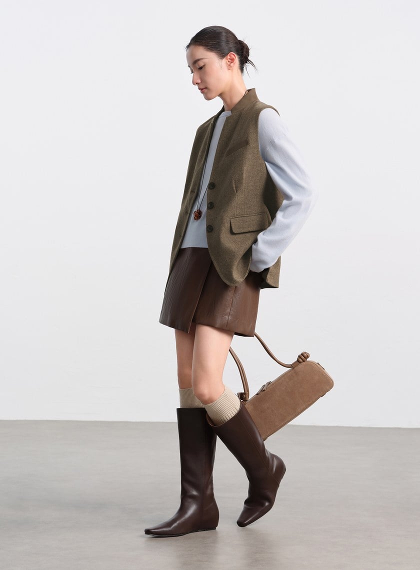 麂皮拼接人字紋立領馬甲