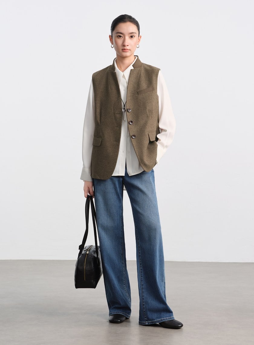 麂皮拼接人字紋立領馬甲