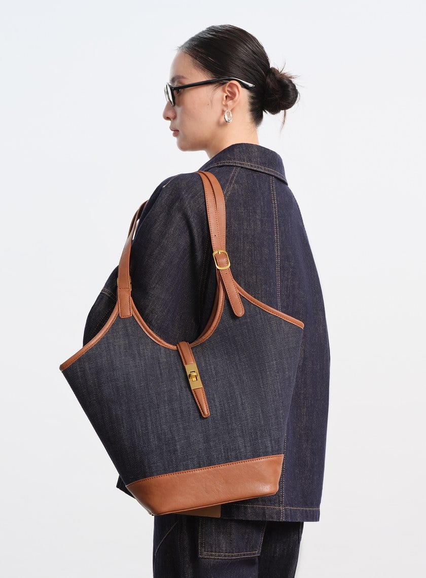 撞色拼接牛仔皮革托特包