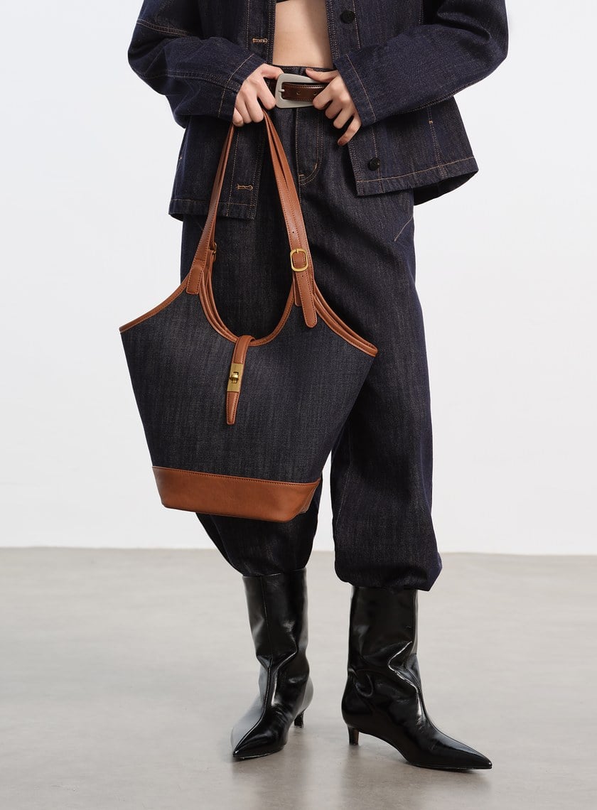 撞色拼接牛仔皮革托特包