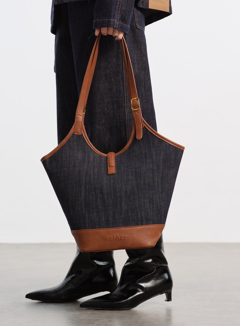 撞色拼接牛仔皮革托特包