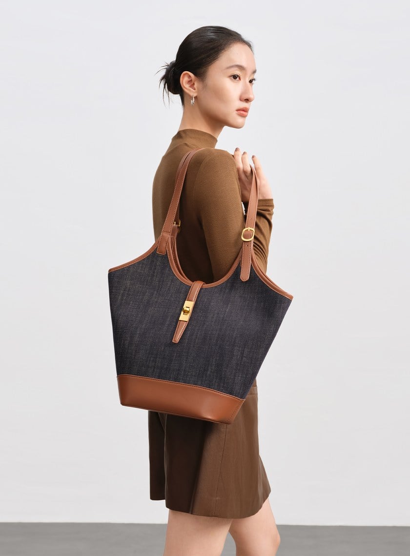 撞色拼接牛仔皮革托特包