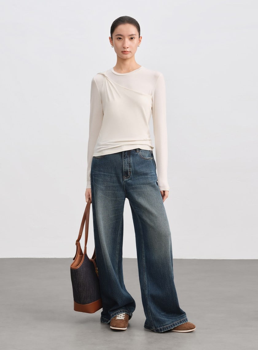 撞色拼接牛仔皮革托特包