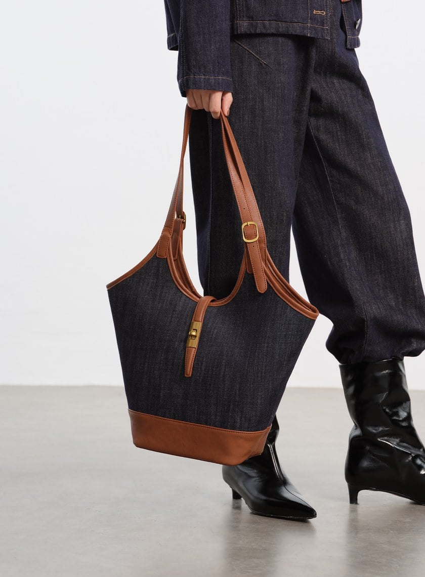 撞色拼接牛仔皮革托特包