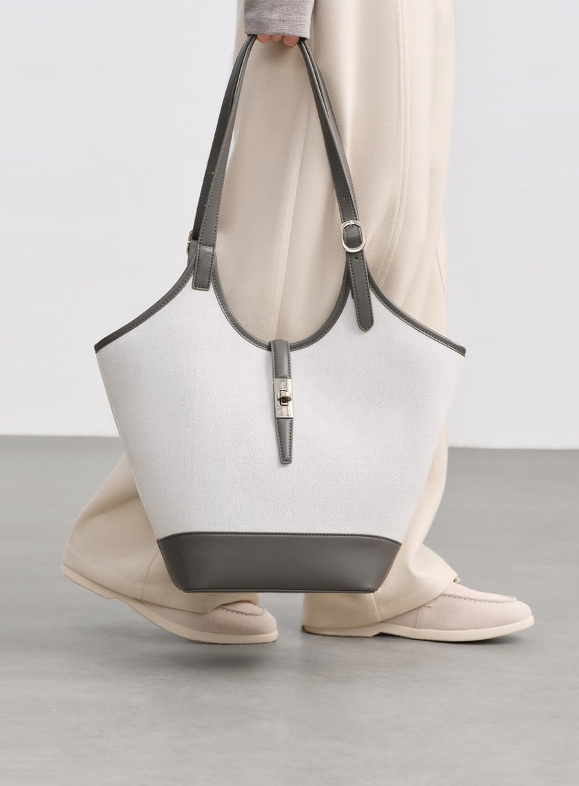 撞色拼接牛仔皮革托特包