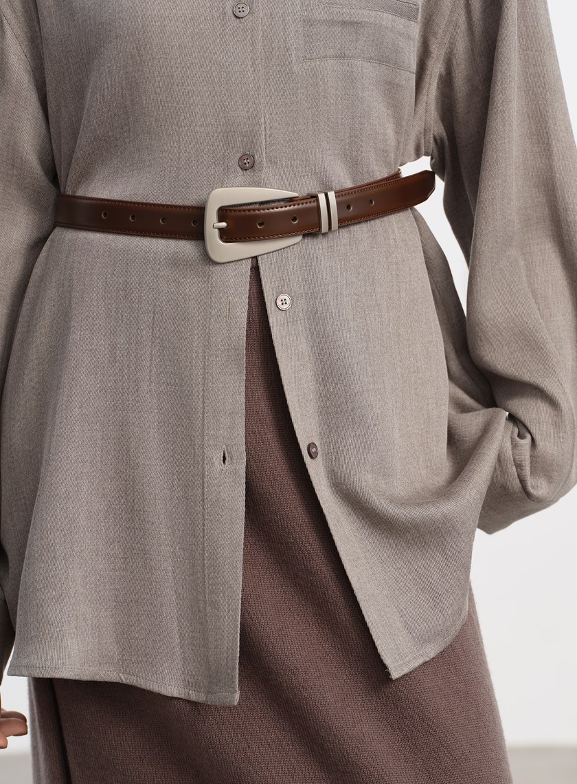 真皮霧銀椭圓造型皮帶