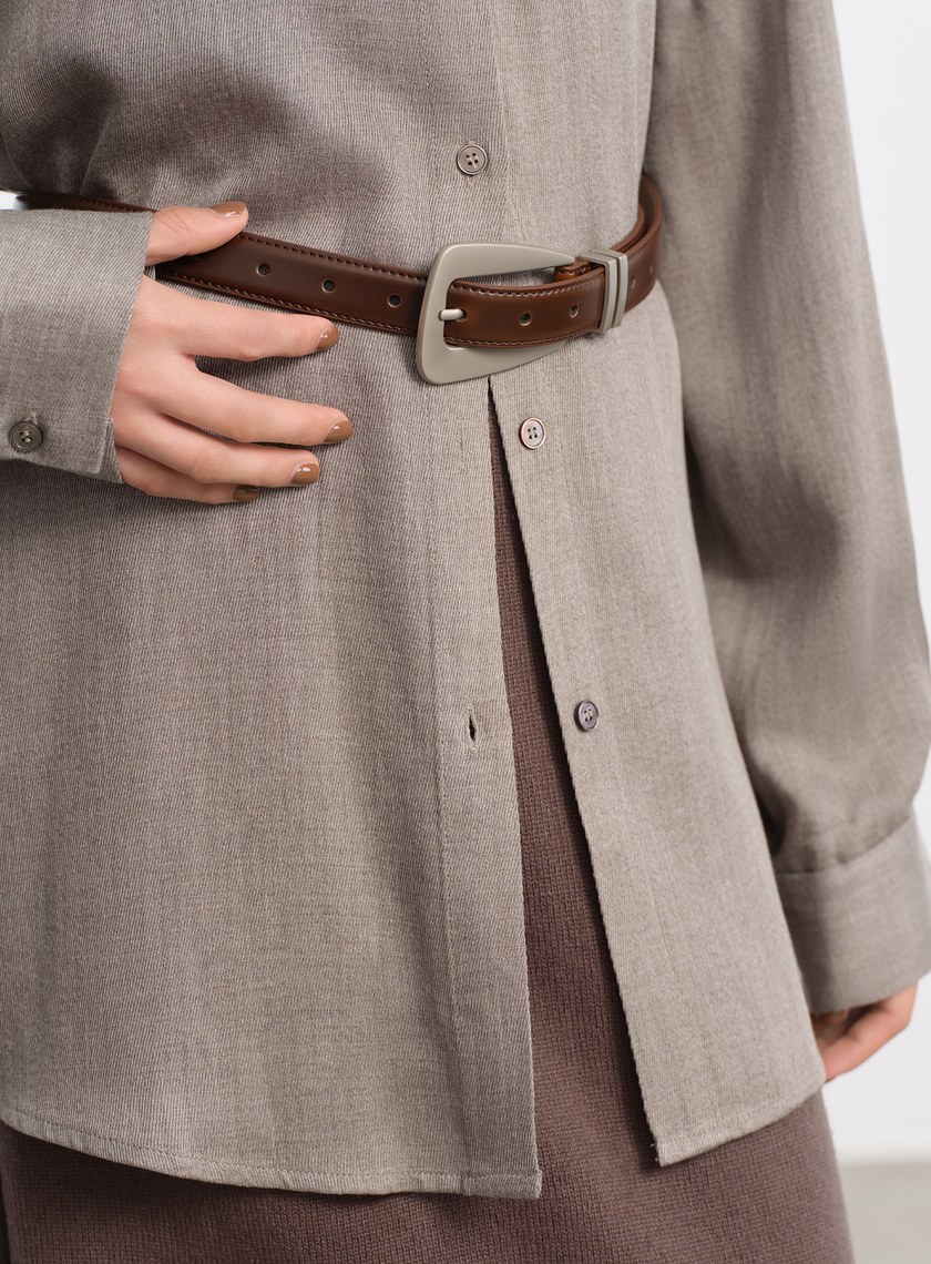 真皮霧銀椭圓造型皮帶