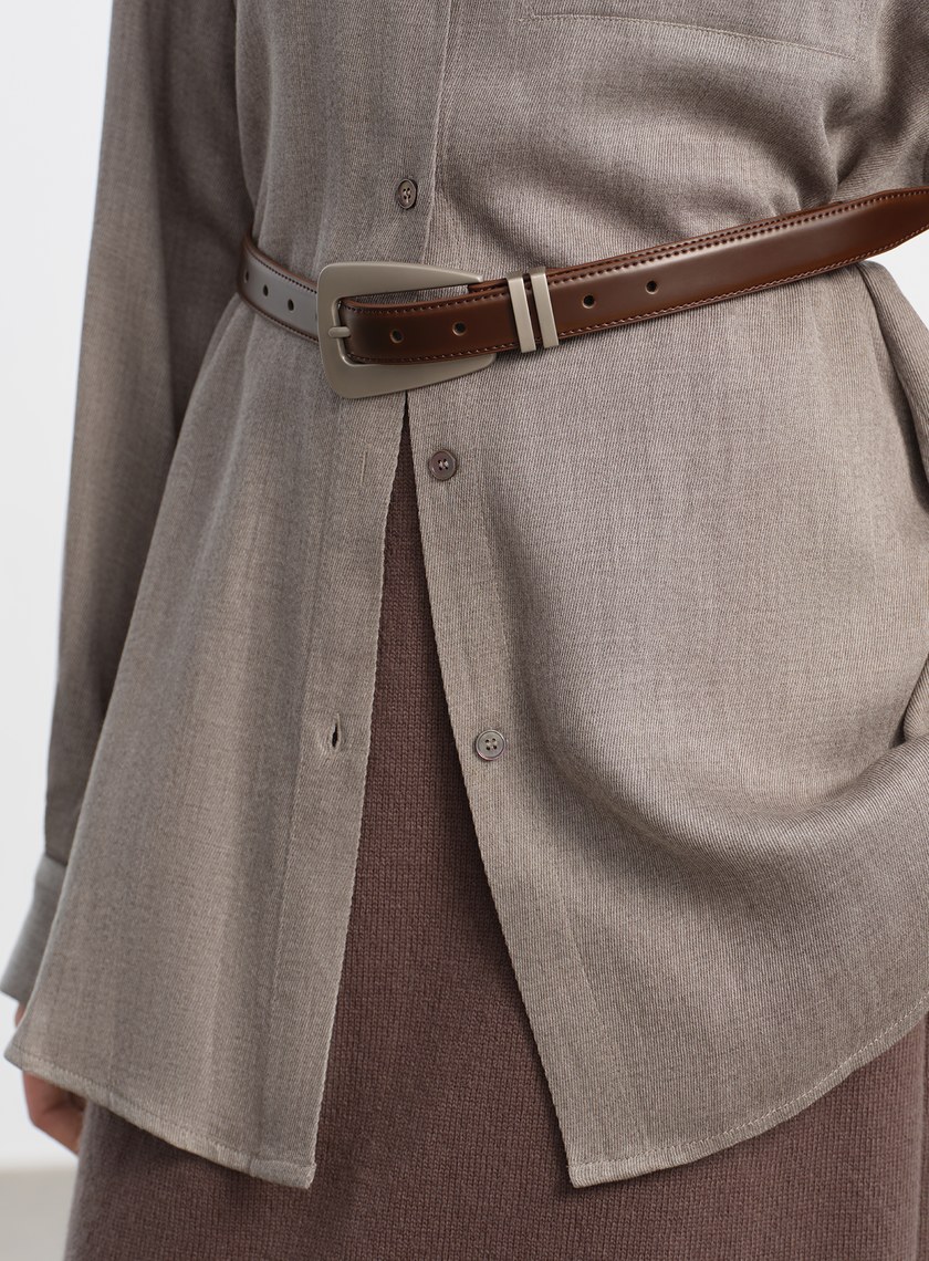 真皮霧銀椭圓造型皮帶