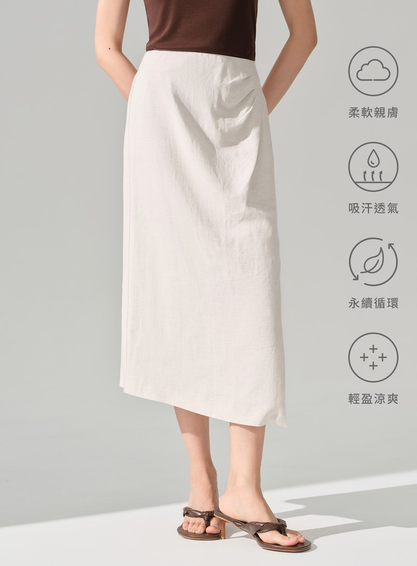 亞麻高腰細褶不對稱長裙