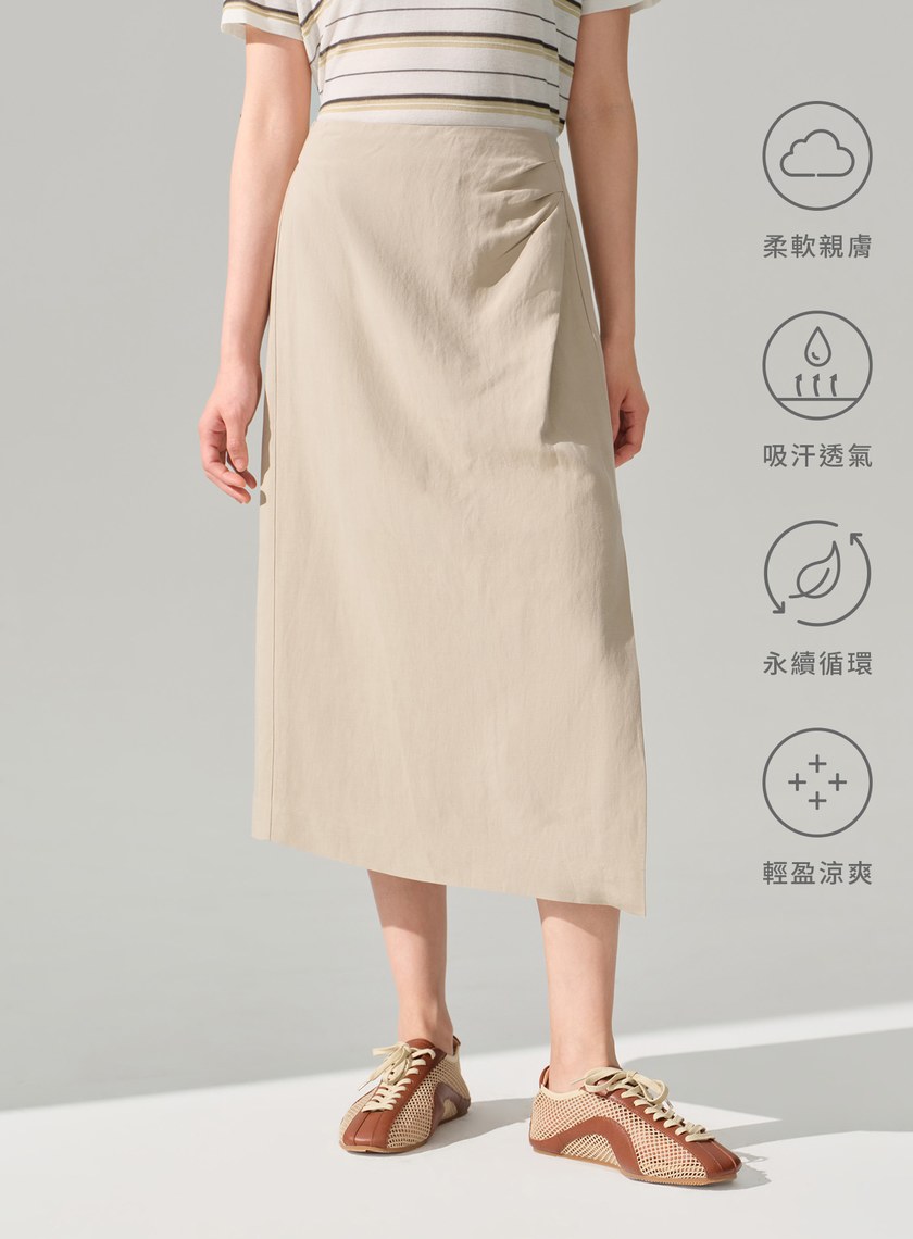亞麻高腰細褶不對稱長裙