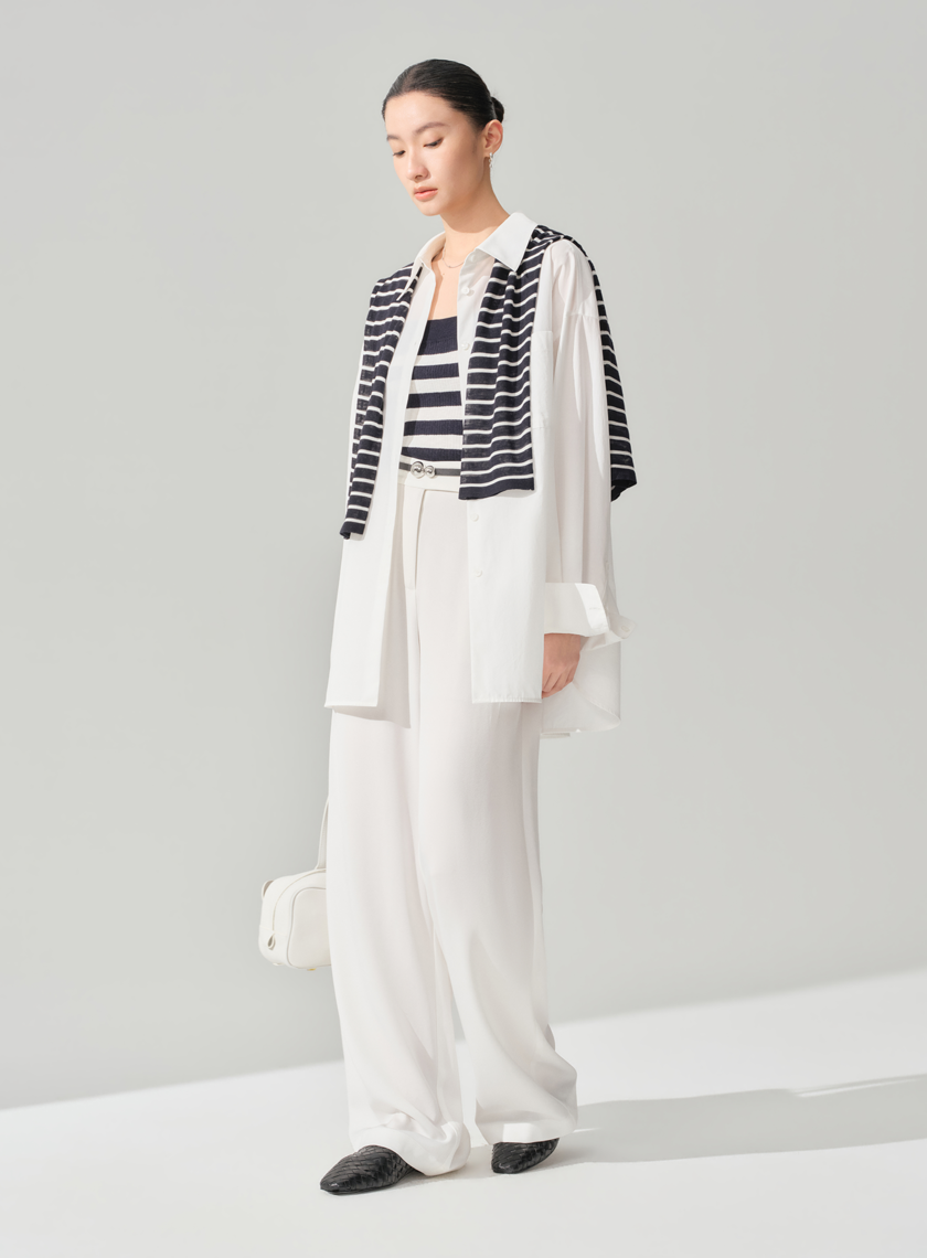 高級感醋酸不對稱斜扣西裝褲