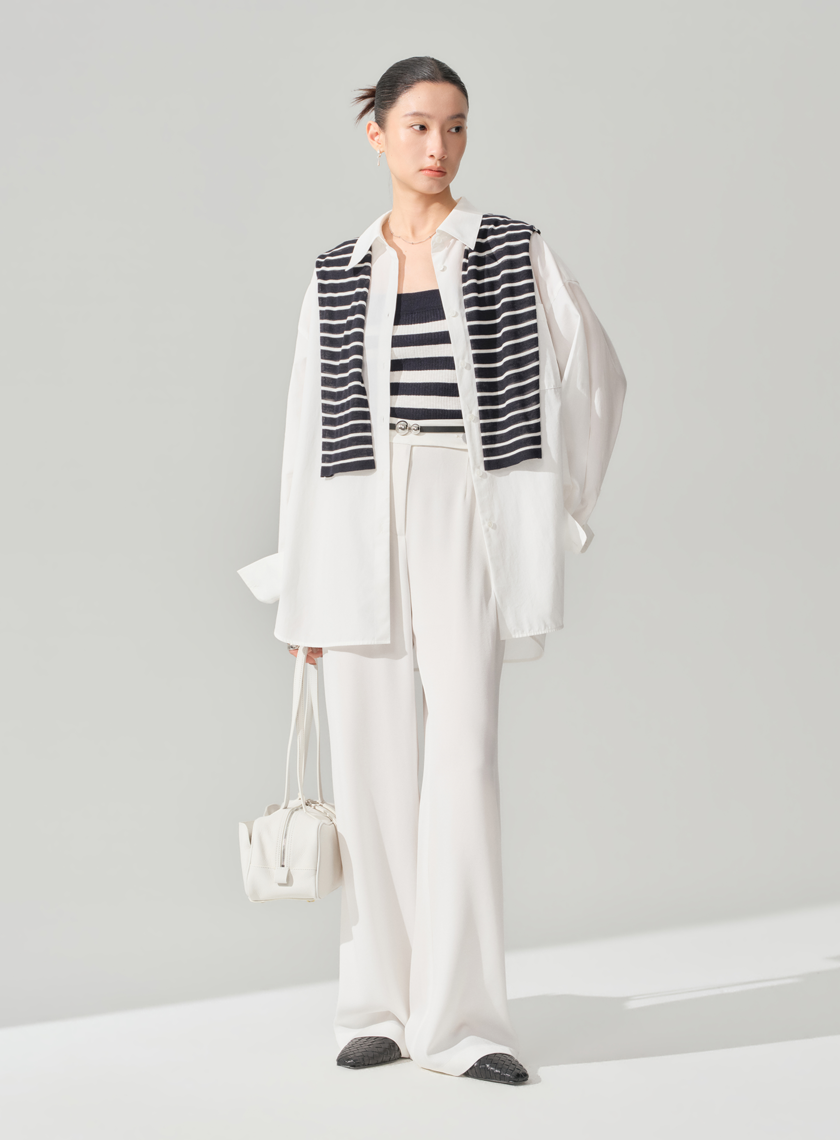 高級感醋酸不對稱斜扣西裝褲