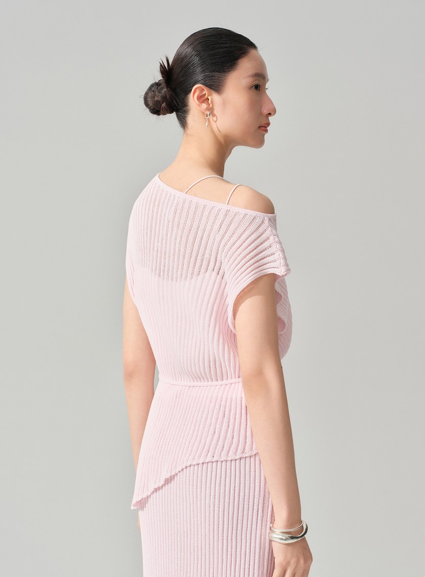 慵懶不對稱斜肩繫帶上衣