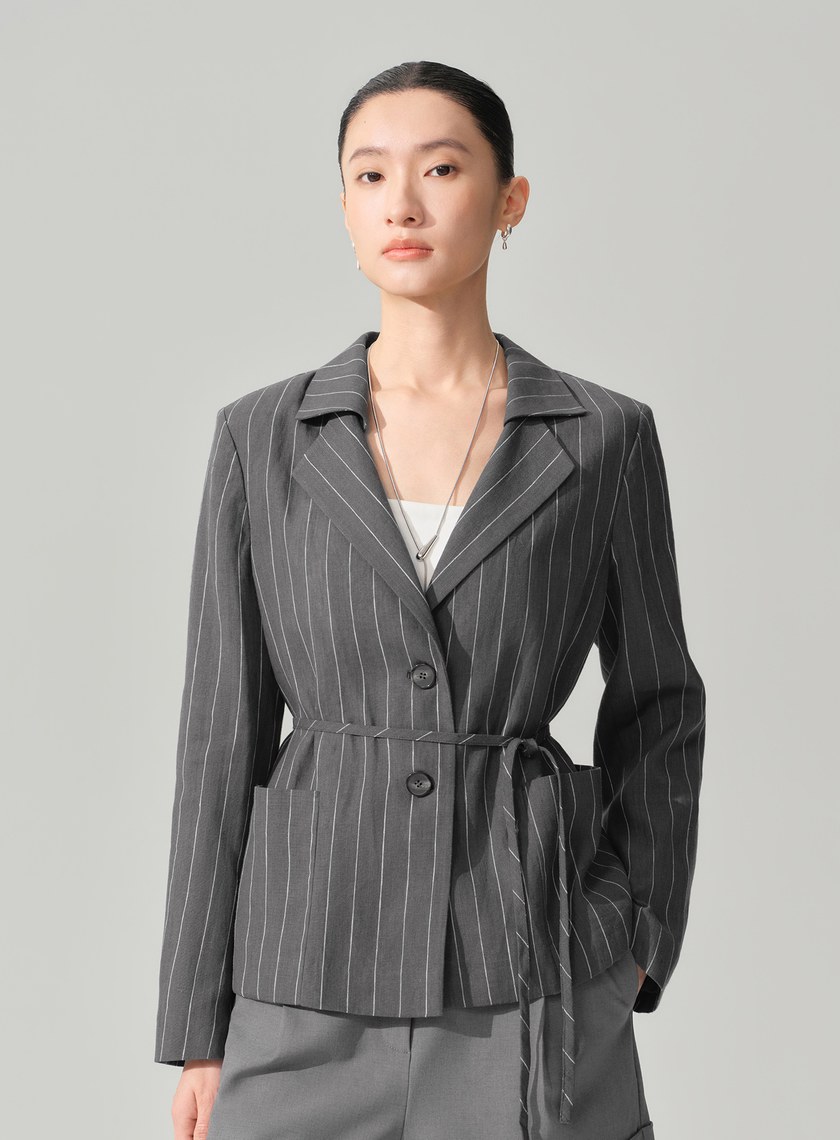 亞麻雙扣腰帶西裝外套