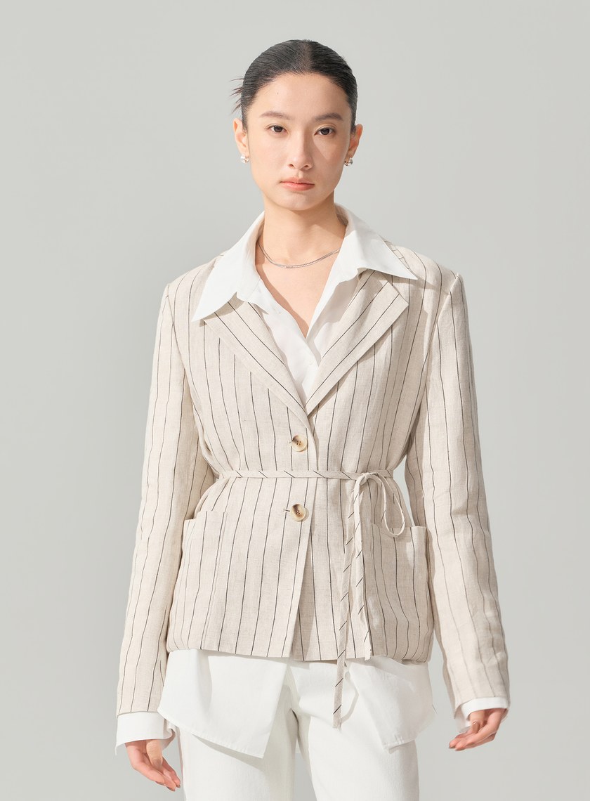 亞麻雙扣腰帶西裝外套