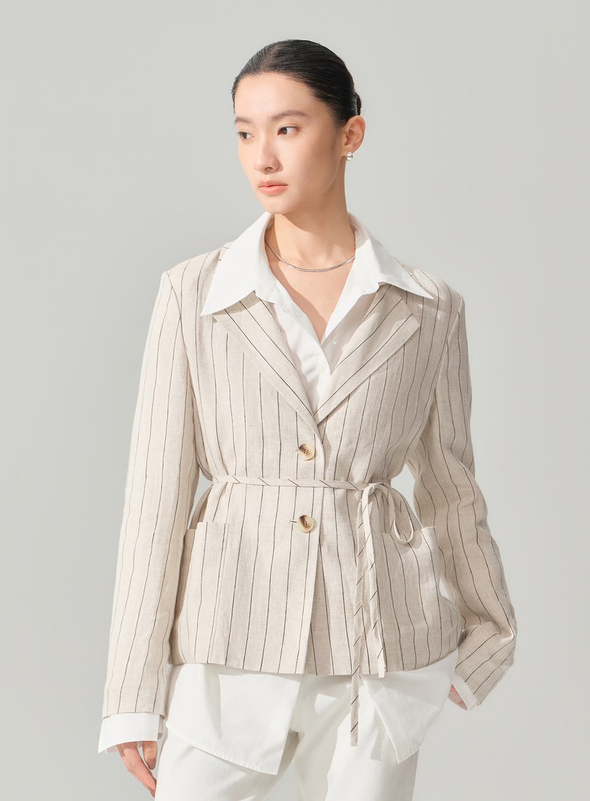 亞麻雙扣腰帶西裝外套