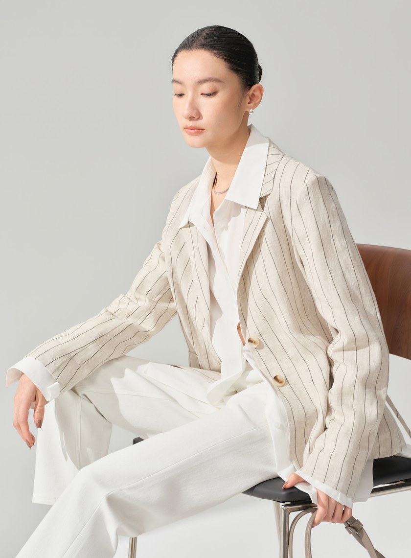 亞麻雙扣腰帶西裝外套