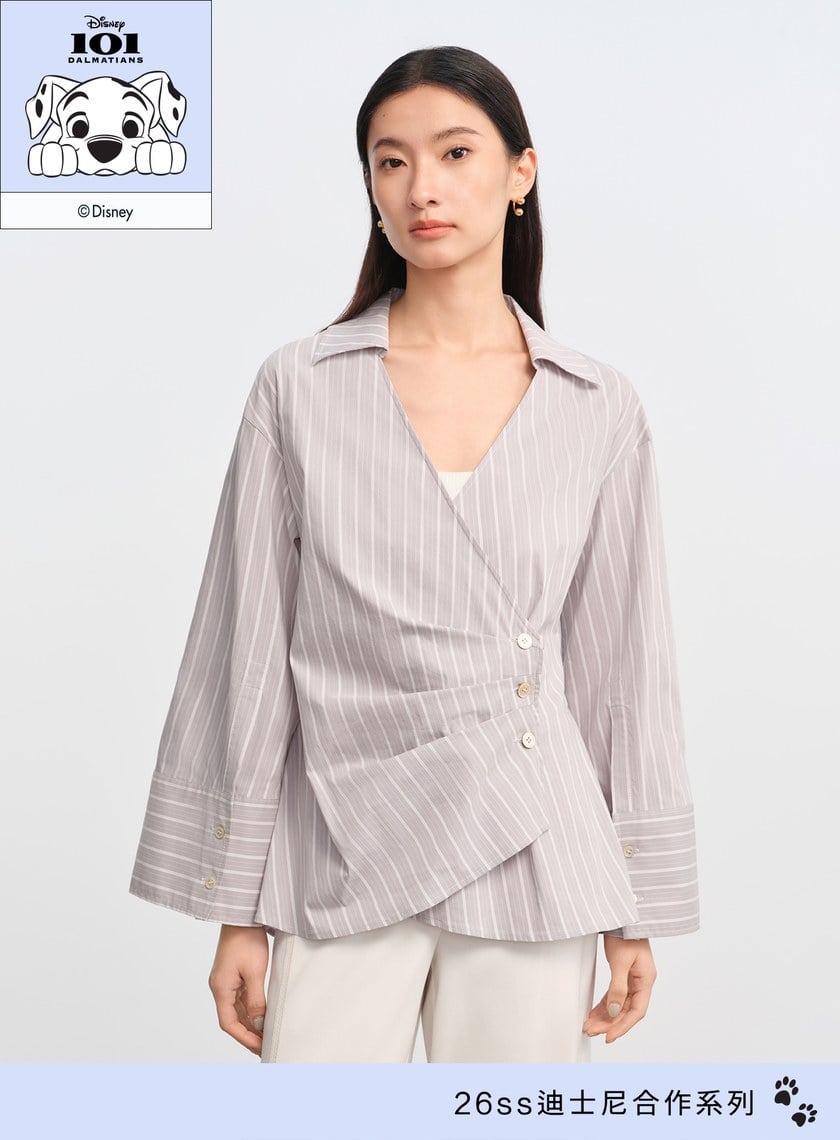 DISNEY｜V領條紋收腰開襟襯衫