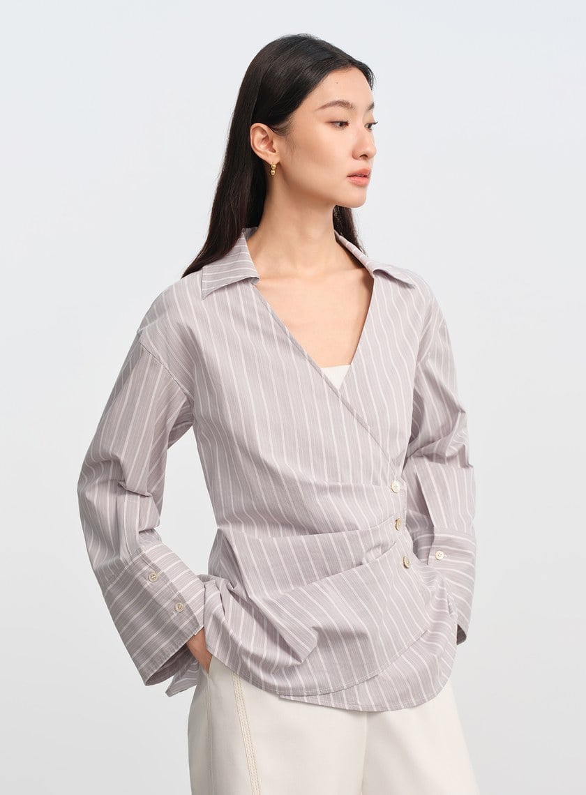 DISNEY|V領條紋收腰開襟襯衫