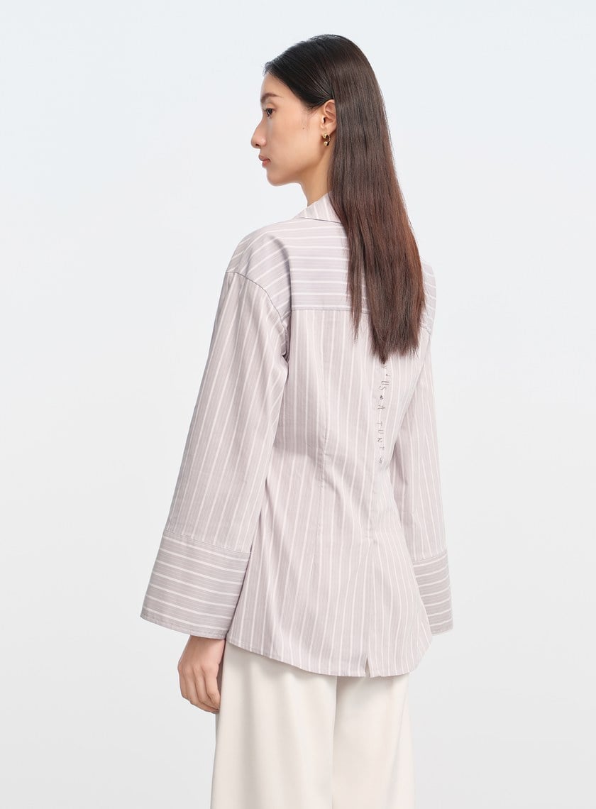 DISNEY|V領條紋收腰開襟襯衫