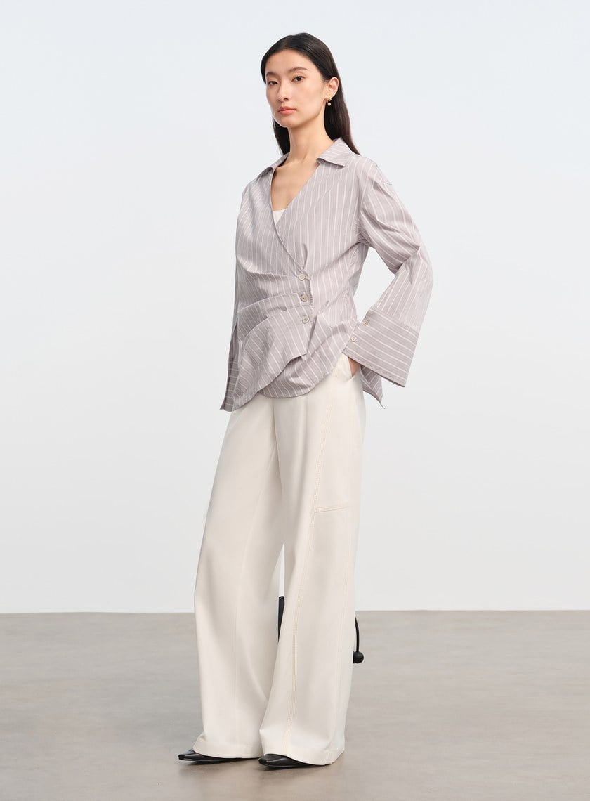 DISNEY|V領條紋收腰開襟襯衫