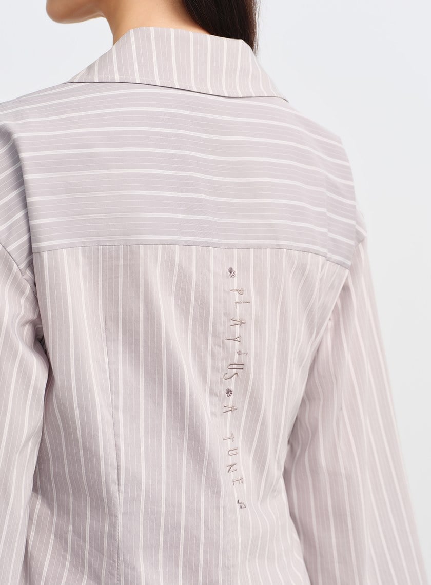 DISNEY|V領條紋收腰開襟襯衫