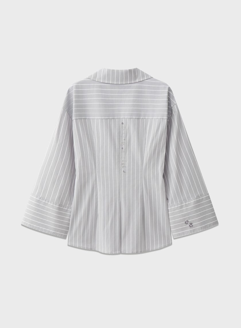 DISNEY|V領條紋收腰開襟襯衫