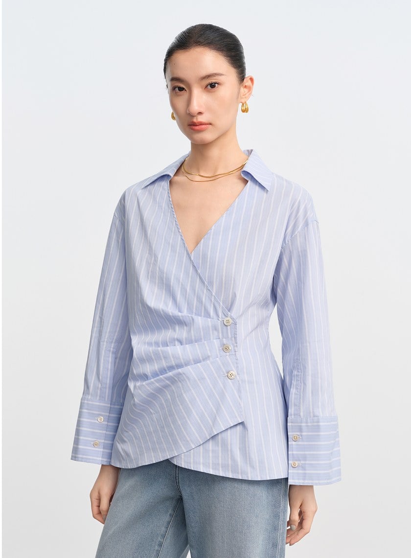 DISNEY｜V領條紋收腰開襟襯衫