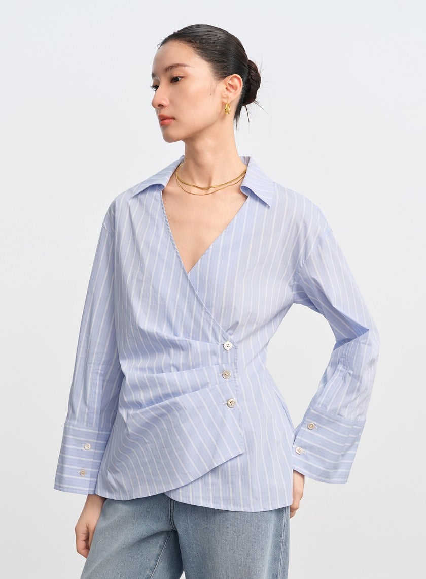 DISNEY｜V領條紋收腰開襟襯衫