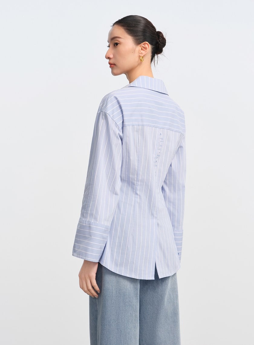 DISNEY｜V領條紋收腰開襟襯衫