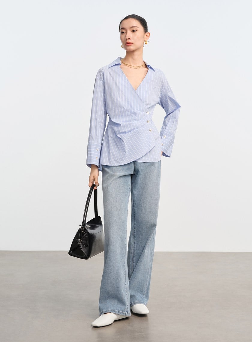 DISNEY｜V領條紋收腰開襟襯衫