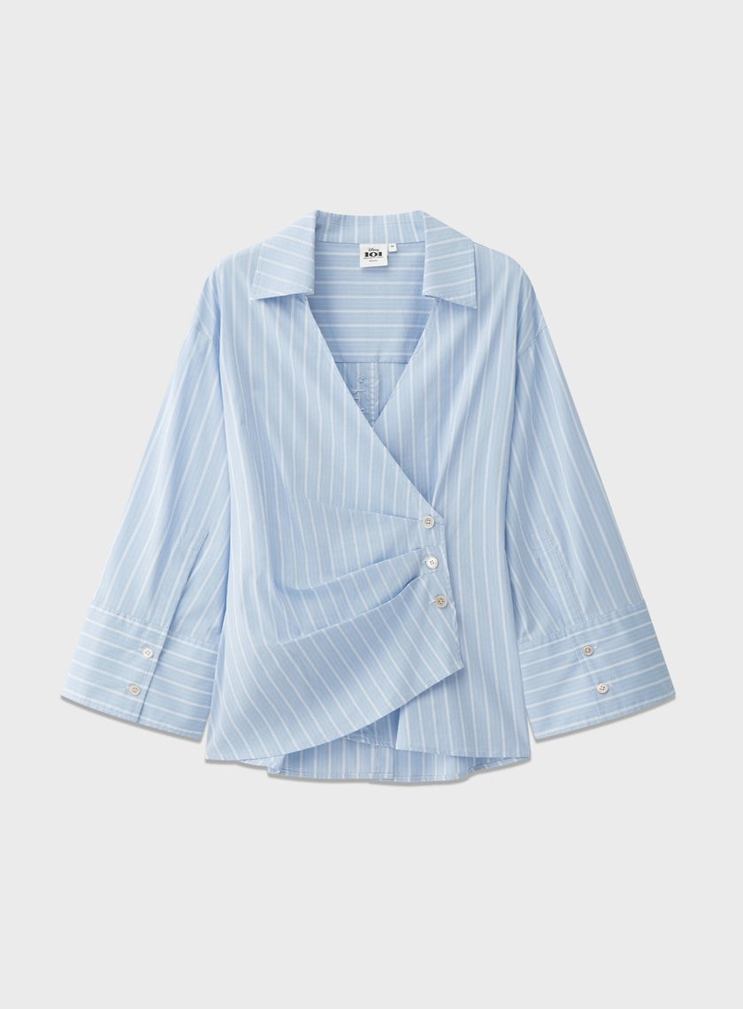 DISNEY｜V領條紋收腰開襟襯衫