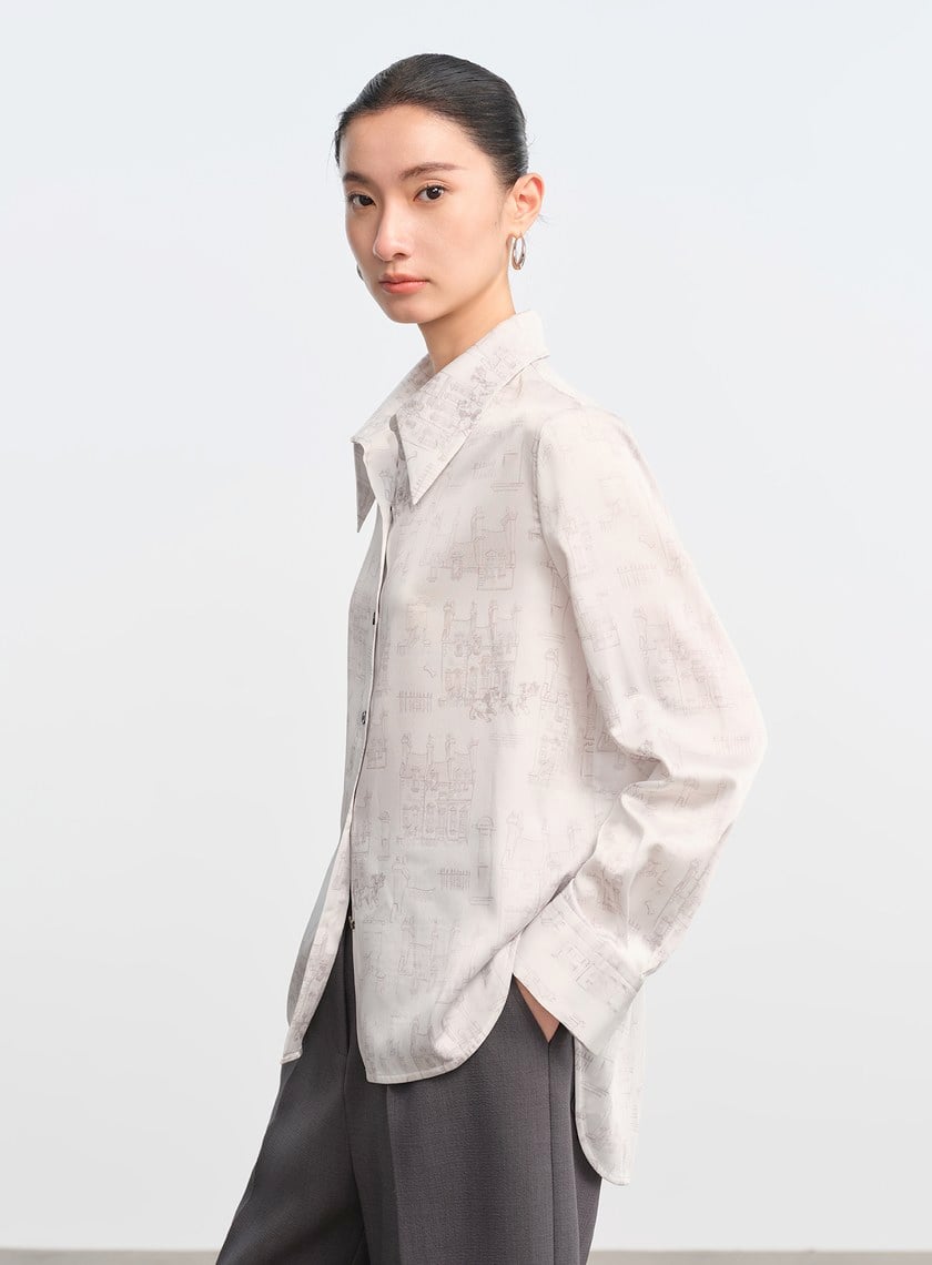DISNEY｜藝術印花不對稱緞面襯衫