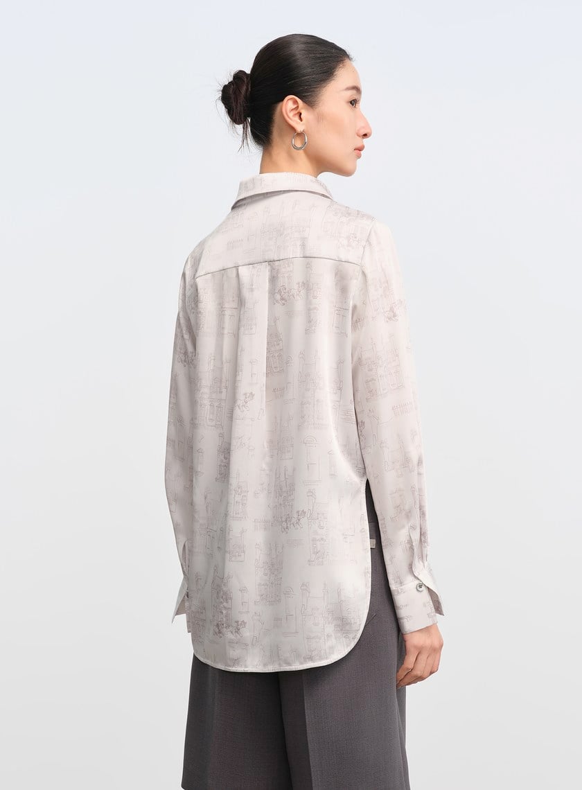 DISNEY｜藝術印花不對稱緞面襯衫