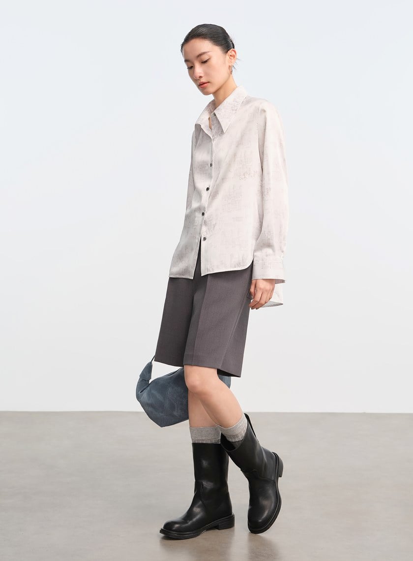 DISNEY｜藝術印花不對稱緞面襯衫