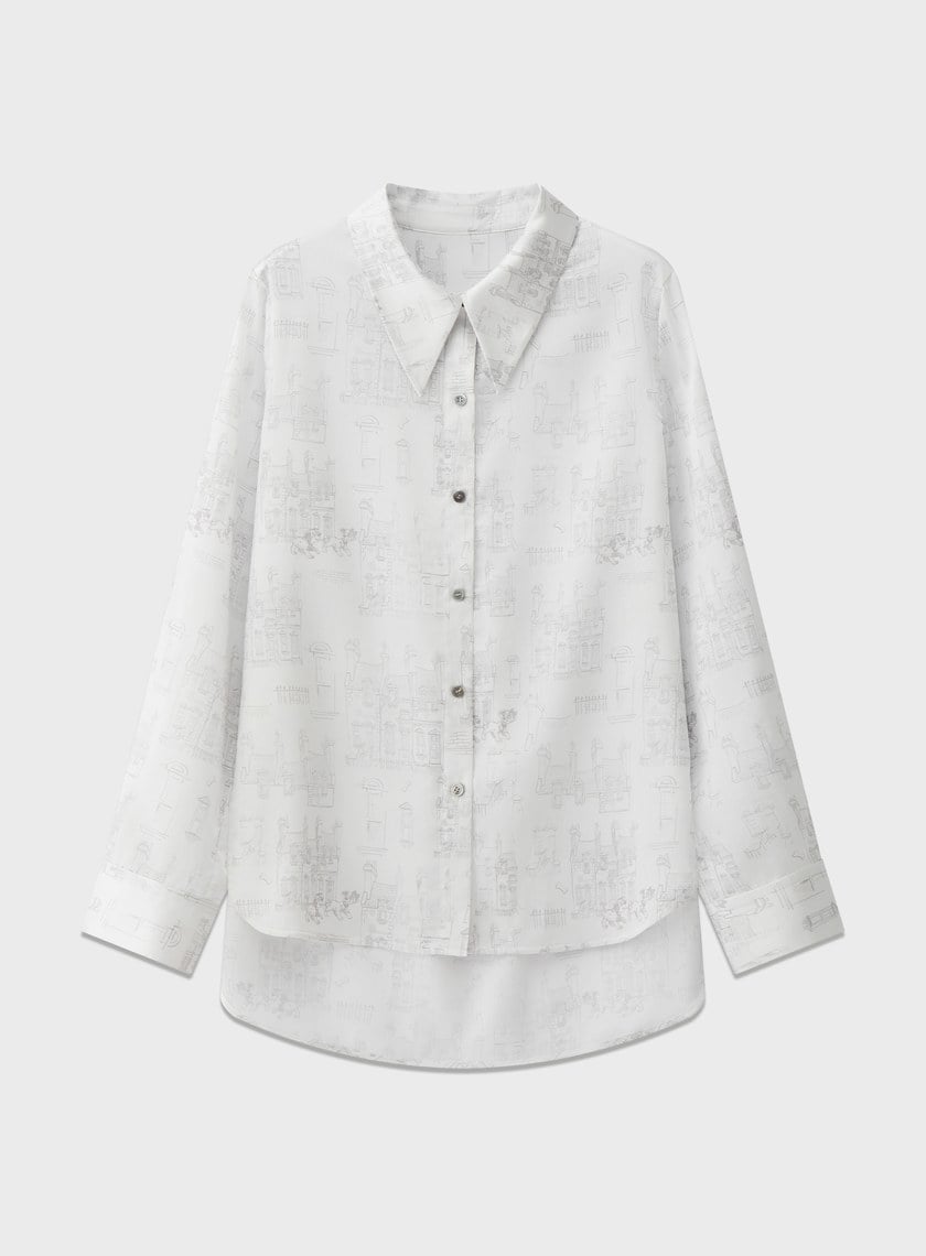 DISNEY｜藝術印花不對稱緞面襯衫