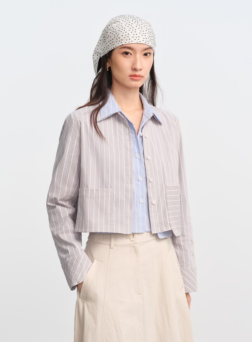 DISNEY｜橫豎條紋短版襯衫