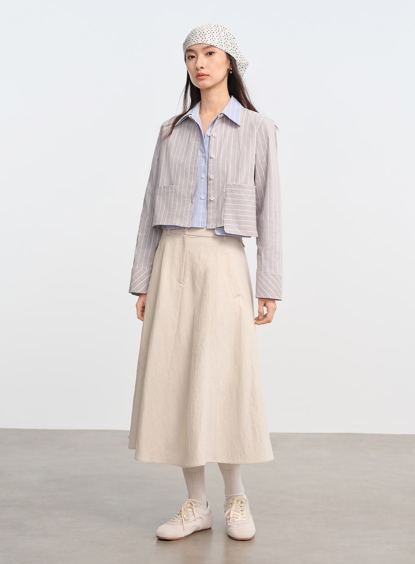 DISNEY｜橫豎條紋短版襯衫