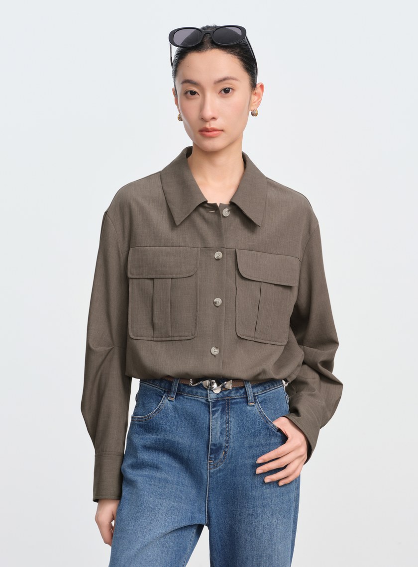 短版工裝貼帶襯衫