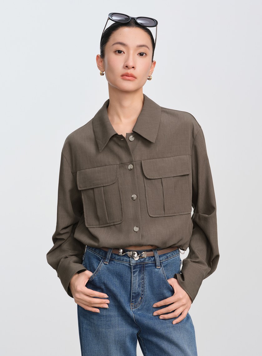 短版工裝貼帶襯衫