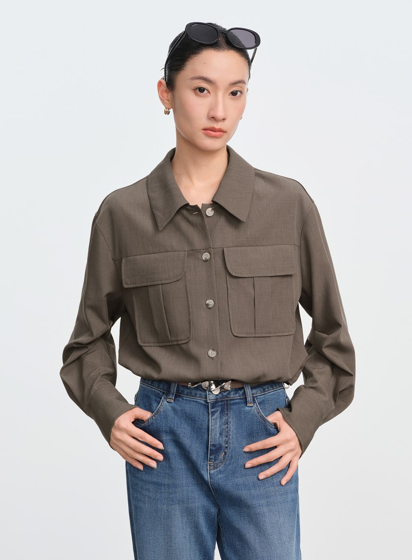 短版工裝貼帶襯衫