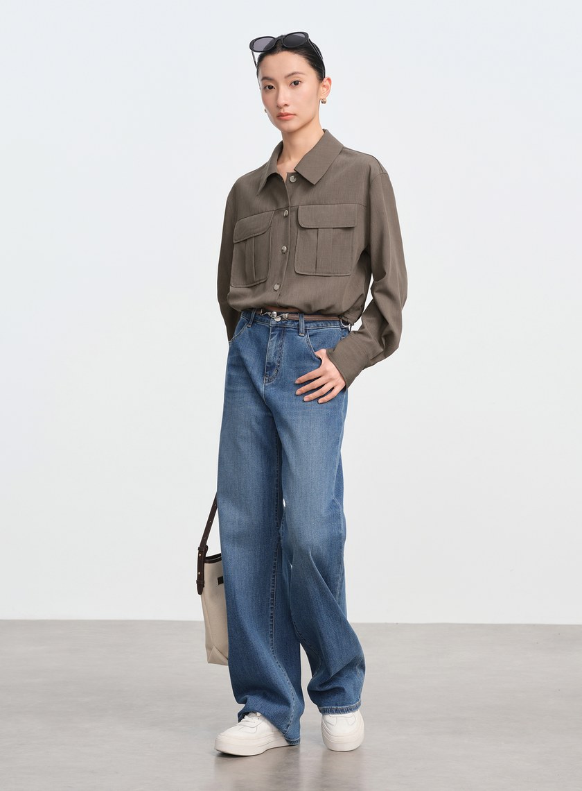 短版工裝貼帶襯衫