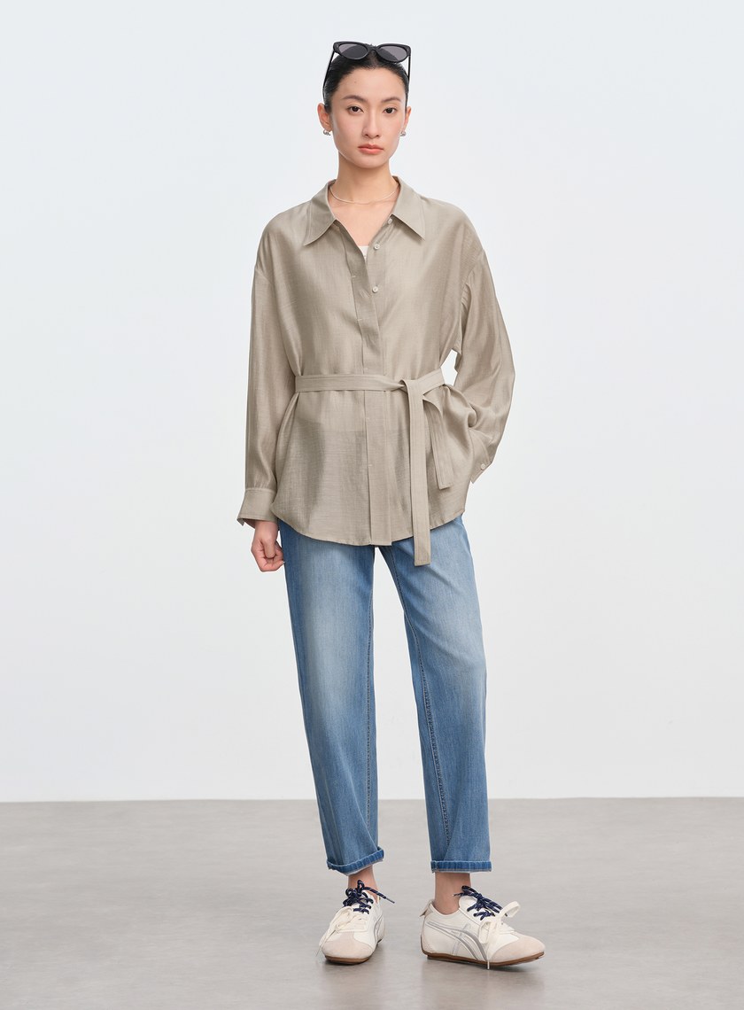 霧面附腰帶防曬襯衫