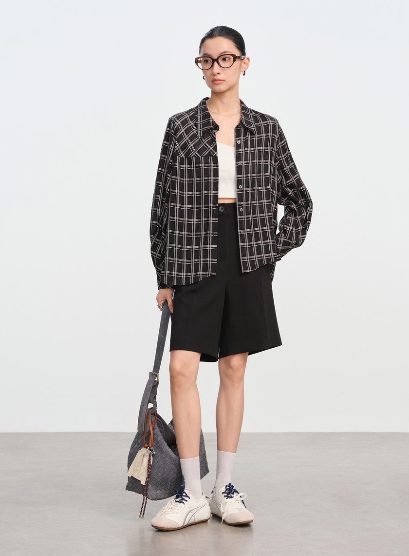 復古格紋落肩襯衫